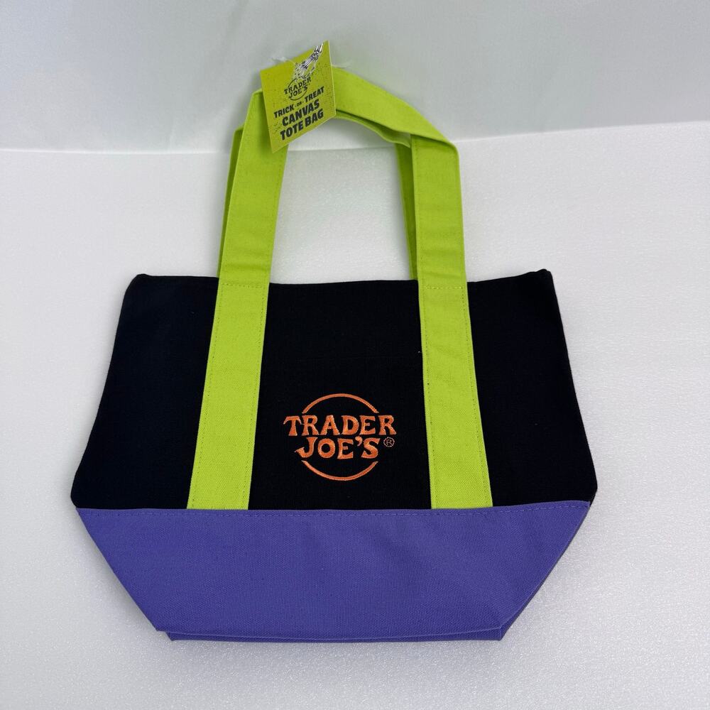 Trader Joe’s Black Tote Neon Green handle Halloween canvas tote 2026 (1 tote)